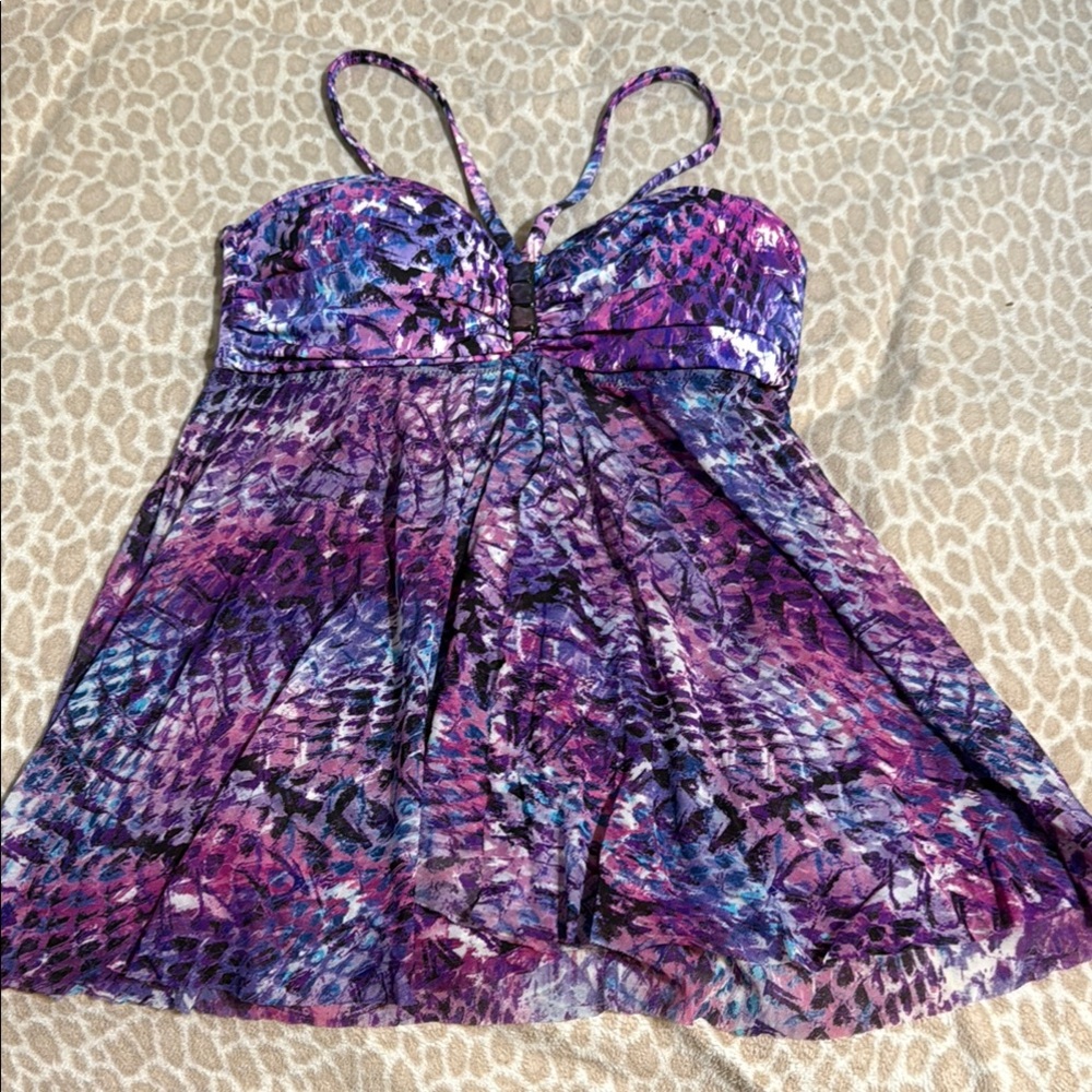 Profile Purple and Blue Patterned Spaghetti Strap Tankini Top